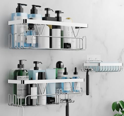 Cooeco Mensola Doccia Senza Foratura - 3 Pezzi Mensole Adesive Bagno Con Ganci,Argento Organizer Bagno Con Portasapone Doccia, Mensola Doccia In Acciaio Inox Antiruggine Per shampoo