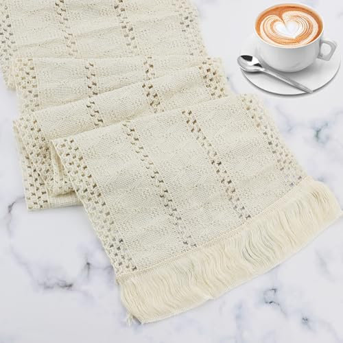 Macrame Table Runner Cream Beige Boho Table Runner with Tassels Hand Woven Cotton Table Runner Rustic Farmhouse Table Runner for Bohemian Kitchen Dining Table 30 x 200 cm
