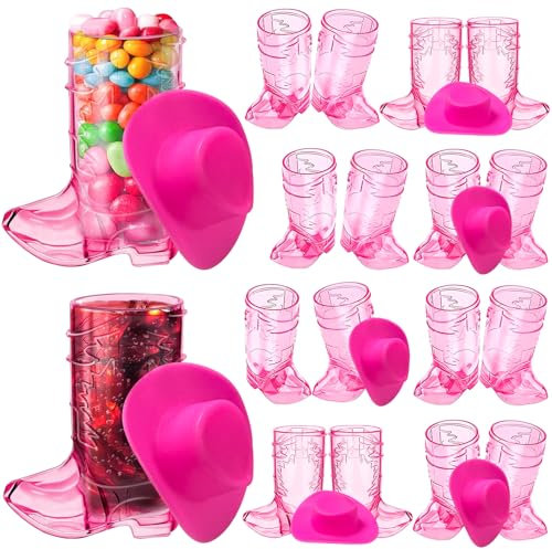 YumSur Mini Cowboy Boot Shot Glasses 32PCS,1oz Plastic Western Cowboy Beer Mugs16pcs with 16PCS Cute Western Hat,Reusable Cowboy Cowgirl Party Decorations Supplies for Birthday,Theme Party (Pink)