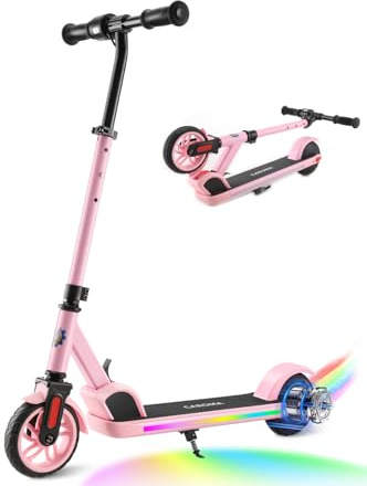 Caroma E Scooter Kinder von 8-12 Jahren,bis zu 16 km/h & 8 km,Elektroroller Kinder mit Bunte Leuchten, LED-Anzeige,Einstellbare Geschwindigkeit und Höhe,Leichter Faltbarer Elektroscooter,Zartrosa