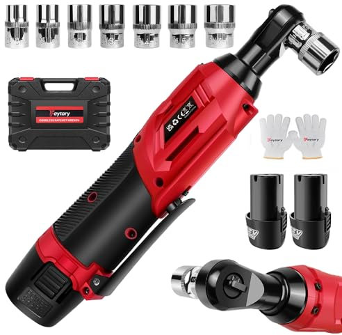 YouseaHome 3/8” Electric Cordless Ratchet Wrench Set w/2pcs Rechargeable Batteries and Charger, 40Nm Cordless Ratchet Wrench 90° Angle Wrench with LED Work Light, 7 Sockets Set, Red