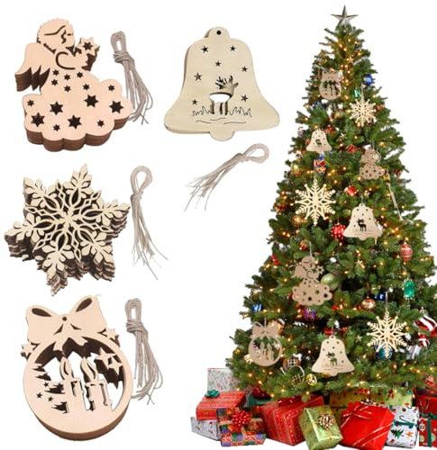 40 pz ciondoli in legno di Natale con corda di iuta, Albero di Natale Ornamenti Legno abbellimenti Artigianato per Albero di Natale Decorazioni Natalizie