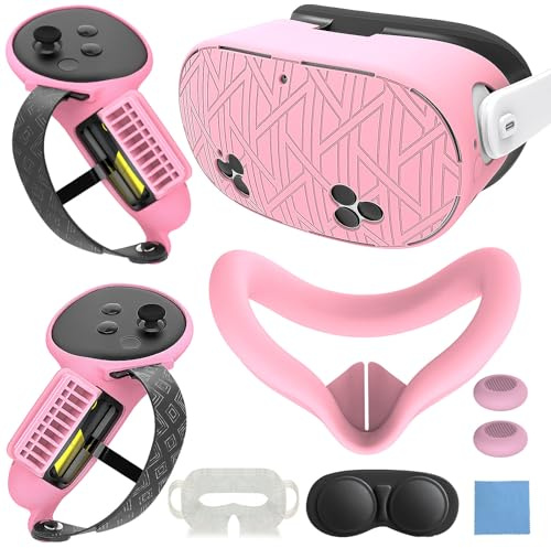 MTomatoVR Silicone Cover Set for Quest 3s Accessories Included Battery Opening Controller Grips, VR Silicone Shell Headset Cover, Face Cover, Lens Cover, for Meta Quest 3s, Pink