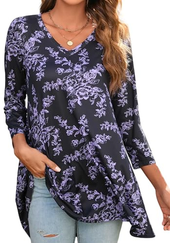 Enmain Maglietta Donna Manica Lunga Tunica Donna Maniche a 3/4 Scollo V Maglia Lunga per Leggings Elegante Stampata Paisley Tunica Taglie Forti Comfort Camicia