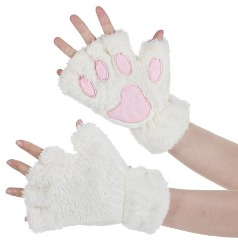 Tyqour Fingerlose Handschuhe Damen Weiße Katzenpfoten Plüsch Halb Handschuhe Winterhandschuhe