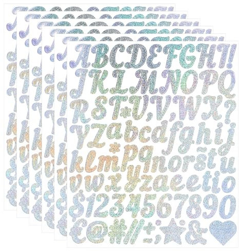 Giantree 6 Blatt Buchstaben Zahlen Aufkleber Set, 1in Glitzer Buchstaben Aufkleber, Selbstklebend Wasserdichte Vinyl Sticker für Hochzeit Geburtstag Briefkasten DIY Scrapbooking(Silber)
