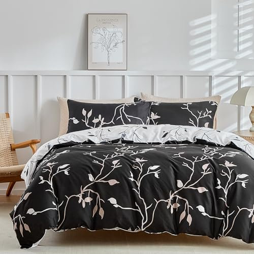 Lekesky Double Duvet Cover Set Black Bedding - Botanical Leaf Print Double Duvet Set (1x Quilt Cover, 2x Pillowcases) Ultra-Soft Microfibre Black Bedding Set 200x200 cm