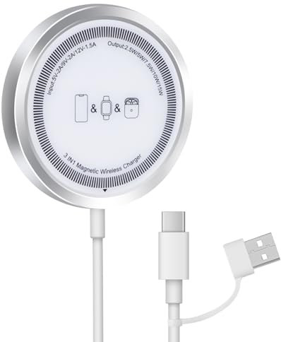 Vemfay 3 in 1 Mag-Safe Ladegerät, Magnet Wireless Charger, 15W Schnell induktive ladestation Kompatibel mit iPhone 16 15 14 13 12/AirPods 3 2 Pro/Apple Watch, Samsung Galaxy S23/S22/S21