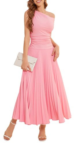 Bbonlinedress Maxi abito da cocktail a pieghe monospalla formale da donna, per matrimoni, ospiti, estate, per tutti i giorni, Rosa, XL