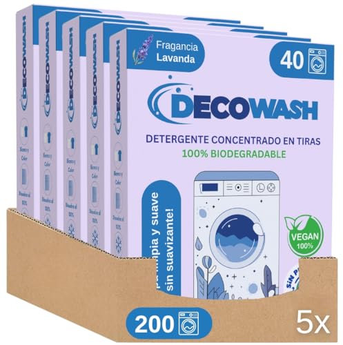 Detergente en Tiras para Lavadora (Máximo 400 Lavados) - Efecto Suavizante, Ecológico, Hipoalergénico, Vegano y Cruelty Free - Ropa limpia y suave - Pack de 5 Unidades (Lavanda)