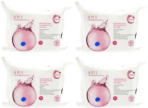 Cherish 4 in 1 Facial Cleansing Wipes, Make Up Removal with Vitamin C for Brighter Skin bulk bundle of 4 packs x 25 wipes