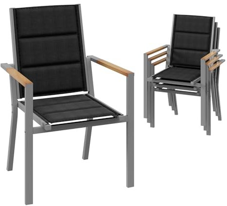 Devoko Gartenstuhl Set 4, Stapelbare Aluminium Esszimmerstühle, Maximale Belastung 160kg, Balkonstühle, Für Garten, Pool, Terrasse, Esszimmer, Gartenmöbel, Hellgrau & Holz