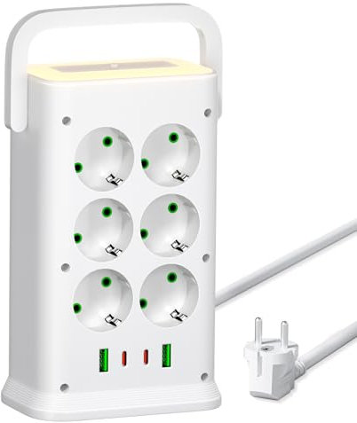 12 Fach Mehrfachsteckdose mit 4 USB und Licht,16 IN1 Steckdosenleiste mit Schalter Steckerleiste Überspannungsschutz Steckdosenturm Verlängerungskabe 2m für Zuhause,Büro