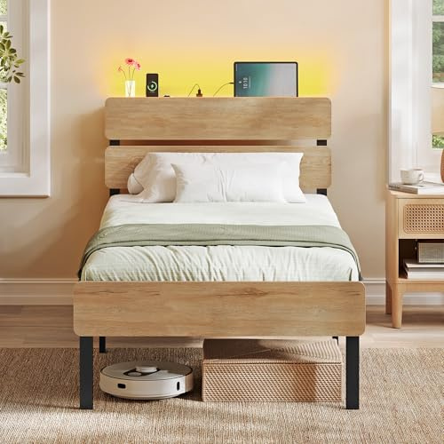 VASAGLE Single Metal Bed Frame, 90 x 190 cm, LED Lights, USB and Type-C Ports, Under-Bed Storage Space, Industrial Style, Easy Assembly, Natural Brown, RMB101K01