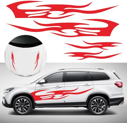 4Pcs Flame Graphic Car Body Decals Car Hood Decal Racing Sports Sticker,Universal Large Waterproof Stickers for Cars/Trucks/SUVs(Red)