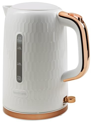Honeycomb White Rose Gold Kettle - Features: One Touch Lid Opening, Illuminated On/Off Switch, Washable Lime Scale Filter, 360° Rotation Base, Overheat Protection