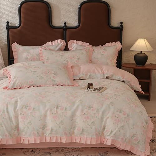 Yaofeiou Rosa Blumen Bettwäsche 135x200 Baumwolle Bettbezug Blumenmuster Rosa Rüschen Bettwäsche für Mädchen Damen Blumen Bettbezug mit Rüschen Einzelbett Deckenbezug mit 1 Kissenbezug 80x80
