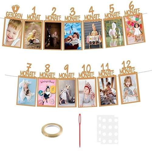 Geburtstag Fotogirlande, Geburtstagsdeko 1 Jahr Girlande für 1 bis 12 Monate Baby Hängende Wanddekoration für Fotoshootings, Geburtstagspartys & Kinderzimmer