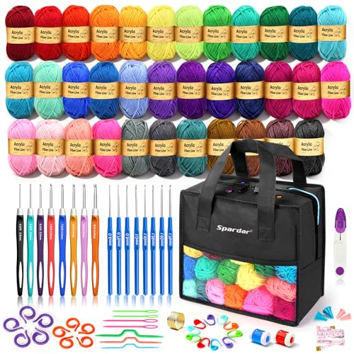 Häkelset, 1600 Knäuel Acrylgarn in 35 Farben, 53 Häkelnadel-Zubehörteile | Crochet Set, mit Aufbewahrungsbeutel, zum Häkeln und Stricken geeignet, Geschenkidee für Erwachsene und Anfänger, Schwarz