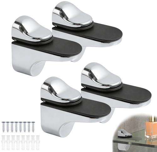 4Pcs Adjustable Chrome Glass Shelf Brackets Stainless Steel Wall Mount Clamps Floating Shelves Supports for Bathroom Shower Adaptive 3-21mm 0.12-0.82inches Thickness (Silver High Gloss, One Size)