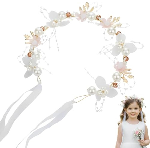 Luxorium Haarschmuck Kommunion Mädchen Blumenkranz Haare Haarkranz Stirnband Kopfschmuck für Hochzeit Damen Rosa Silber