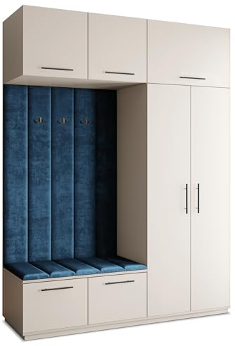 Masseno Flugarderoben Set Rema, Kleiderschrank-Set mit Sitzbank, Garderobenschrank Flur mit 5 Regalböden, Kaschmir