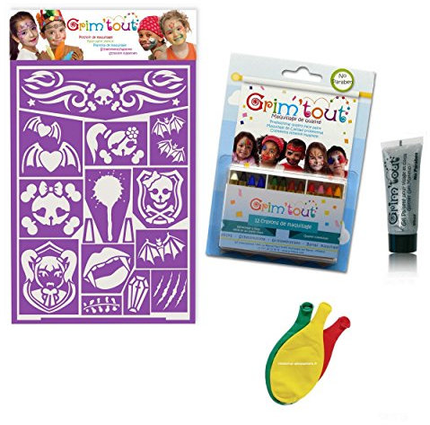 Make-up-Set Prinzessin Dracula ohne Paraben: 1 Schablone + 12 Make-up-Stifte + 1 Glitzergel + 3 Luftballons Blumie