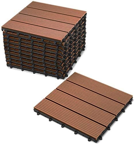 SAM Terrassen-Fliese WPC Kunststoff, 22er Spar Set für 2m², teakfarben, Bodenbelag mit Drainage, Garten klick-Fliesen