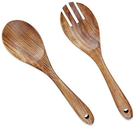 AOOSY 2 Piezas Servidores de Ensalada de Madera, 10.2 Pulgadas Cucharas para Servir de Madera Set Ensalada Mezclador Tenedor Cuchara Mango Largo Ensalada Pinzas Utensilio de Cocina