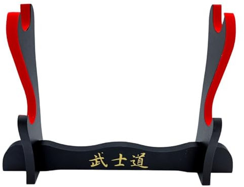 Glac Store® Supporto Espositore Piedistallo Stand da Tavolo per Katana Samurai in Legno con Scritte Giapponesi 2 Posti Impreziosita da Velluto Rosso nella Parte di Appoggio Robusto