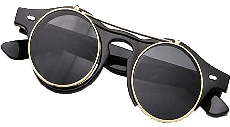 Riloer Occhiali Steampunk, montatura rotonda in stile retrò, occhiali da sole a specchio per uomo e donna, occhiali da sole, matte black, 144 mm