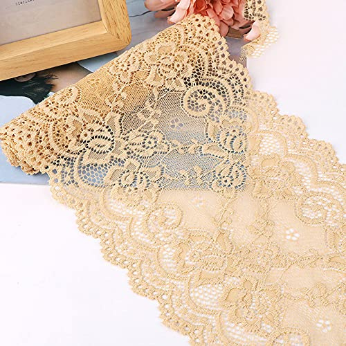 Duories 15cm x 3m Elastizität Spitzenband Spitzenbordüre Spitzenborte Zierband Dekoband Spitzen Borten Bänder zum Nähen,DIY Basteln,Deko für Kleidung Unterwäsche Dessous Hochzeitskleid Tischdeko,Gold