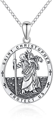 Heiliger Christophorus/Jesus Anhänger Halskette 925 Sterling Silber Antiker religiöser Anhänger für Männer Frauen Halsketten Geschenk