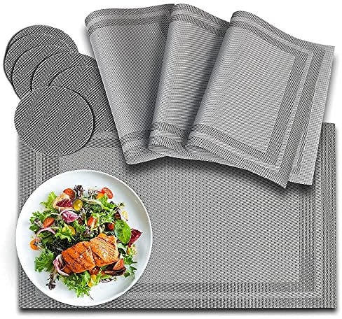 Placemats and Coasters Set of 6 - Non-Slip PVC Table Placemats for Dining Table, Washable & Durable - 45CM x 30CM, Grey, Heat & Stain Resistant, Easy to Clean, for Home and Restaurants