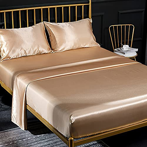 4 Pezzi Completo Lenzuolo Letto Matrimoniale, 1 x Lenzuola Sotto con Angoli Tinta Unita 200x200 cm con 1 x Lenzuolo Piatto e 2 x Federe, Biancheria da Letto in Raso, Bronzo