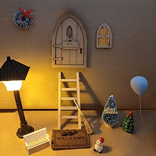 Bseical Wichteltür Zubehör Weihnachten Set, Miniatur Wichtel, Nissedor, Beleuchtung, Weihnachtsdeko Amerikanisch, Deko Tür mit Carpet Holzleiter Kehrbesen, Bseical-67