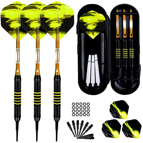 Dartpfeile mit Kunststoffspitze für Elektronische Dartscheibe 3 Stück Soft Darts Pfeile Set, 18 Gramm Profi Softdarts Dartpfeil und Extra Schafts Flights Dartspitzen Anti-Lose Gummiringe (Gelb)