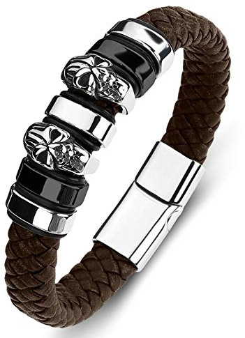 Epinki Herren Armbänder Leder, Armband Partner Edelstahl Magnet mit Totenkopf Herrenarmband Herren Jungen Schwarz 16.5CM 18.5CM 20CM