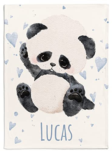 Personalisedog Personalisierte Babydecke Kinderdecke mit Panda, Name und Motivfarbe | Individuelle Baby Decke Namensdecke mit Panda & kleinen Herzen Motiv (Panda mit kleinen Herzen), 80 x 110 cm