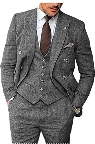Solovedress Anzüge für herren 3 Teilig Klassischer Smoking Tweed-Wolle für Hochzeit (Blazer +Weste+ Hose)(Grau,L)