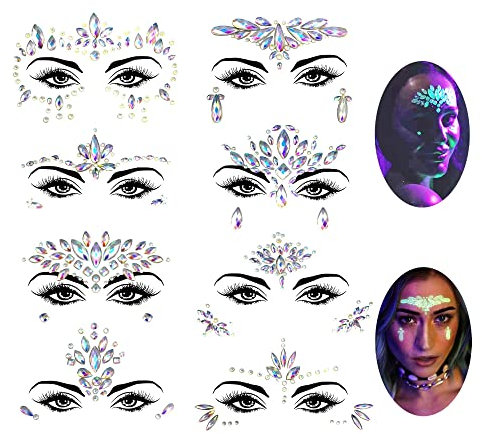 Lucktao 8 Sets nachtleuchtende Edelsteine für Gesicht, leuchtende temporäre Tattoo-Aufkleber, Acryl-Kristall, Glitzer-Aufkleber, wasserdicht, Gesicht, Schmuck, Regenbogen, Tränen, Strass für Party…