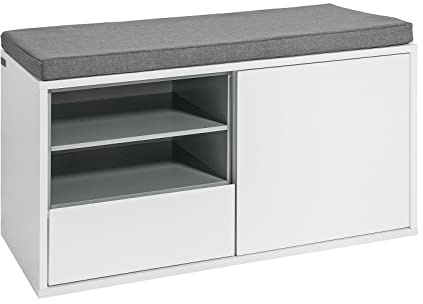 SoBuy Schuhbank mit Sitzkissen & 1 Tür 80x46x35cm für Flur | Sitzbank mit Stauraum, Schublade und herausnehmbarem Korpus, MDF E1, Belastbarkeit 120kg, weiß FSR37-W