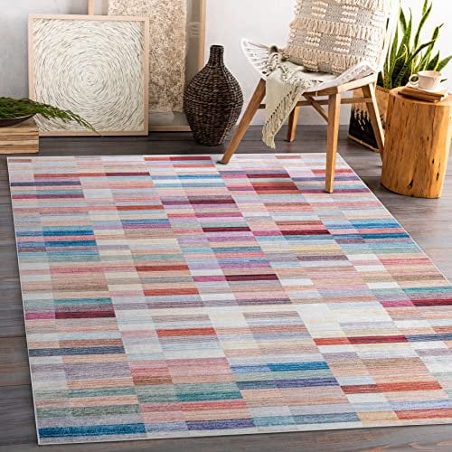 rugsx Tapis Moderne Lavable Andre pour la Chambre des Enfants, Le Salon, l'entrée, Moquette Lavable en Machine, Rayures, antidérapant - Rose/Bleu 160x220 cm