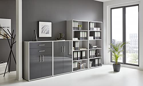 BMG Möbel Aktenschrank Office Edition Set 21, Büroschrank abschließbar mit Metallgriffen Made in Germany (Lichtgrau/Anthrazit Hochglanz)