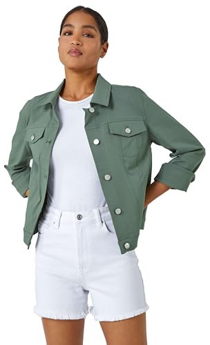 Roman Originals Stretch Jacket for Women UK - Ladies Denim Jean Summer Coat Bengaline Casual Smart Utility Trucker Biker Fitted Classic Work Spring Soft Vintage - Khaki - Size 16