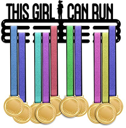PandaHall Medaillenhalter This Girl Can Run Medaillenaufhänger Display Rack Aufhänger Awards Ribbon Cheer 3 Lines Sport Award Rack Wandhalterung Eisenrahmen Für Über 50 Medaillen Halskette Schmuck