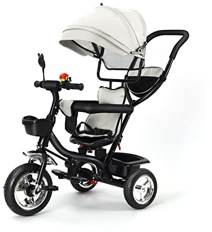 Drumm 4-in-1 Dreirad, erweiterbares Kinderdreirad, Pedal Dreirad Kinderwagen, abnehmbare Faltbare Sonnenblende und Verstellbarer Hauptstock, geneigte Rückenlehne, leise Räder (Grau)