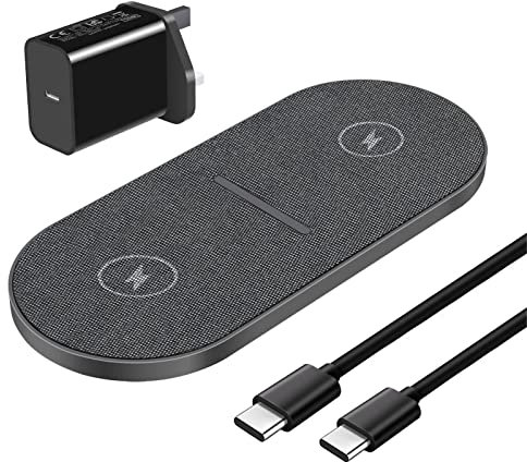 Dual 20W Wireless Charger, FDGAO 2 in 1 Fast Wireless Charging Pad Station Compatible with iPhone 12 13 14 15 16 Pro Max/11/XS,Airpods, Samsung Galaxy/Note,Galaxy Buds and more (With Type-C Adapter)