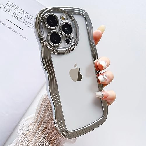 QLTYPRI Case for iPhone 13, Cute Curly Wave Frame Clear Case for Girls Women, with Plating Edge Full Camera Lens Protection Transparent Soft TPU Bumper Shockproof Phone Case Cover for iPhone 13-Silver