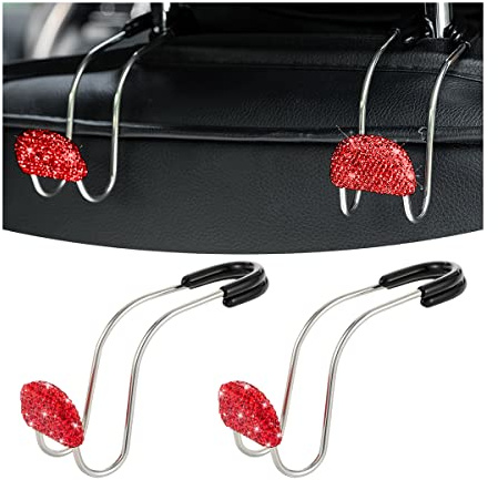 JNNJ 2 Pieces Bling Car Headrest Hook, Bling Backseat Organizer Hanger for Purse Clothes Grocery Bag, Rhinestones Auto Headrest Storage Holder, Car Seat Accessories for Most Vehicle(Red)